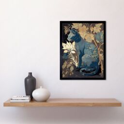 "Artery8 Wall Art Print Russian Blue Cat with Autumn Plants & Floral Pattern Fur Coat Modern Silkscreen Art Framed in Black - Size: W12"" x H16""" - thumbnail 2