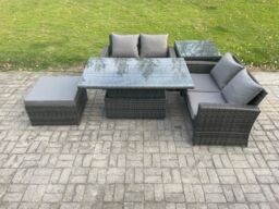 Fimous 5 Pieces Garden Furniture Sets Poly Rattan Outdoor Patio Height Adjustable Rising Lifting Table Sofa Dining Set with Side Table in Dark Grey - thumbnail 1