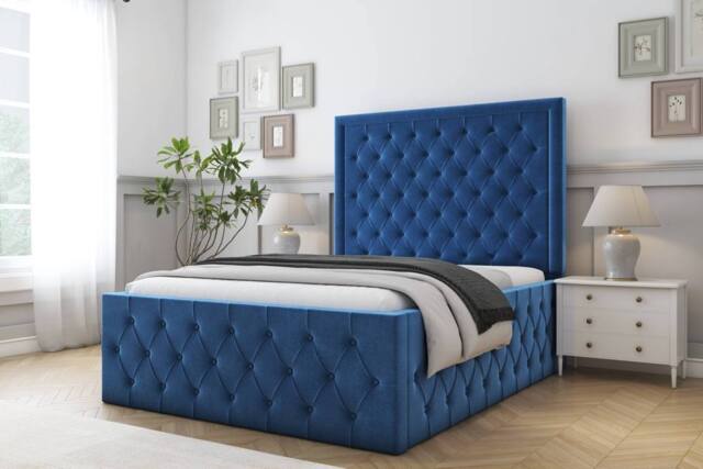 "Comfort Beds Winchester Plush Bed Frame With Mattress-50"" Upholstered in Navy - Size: Single" - image 1