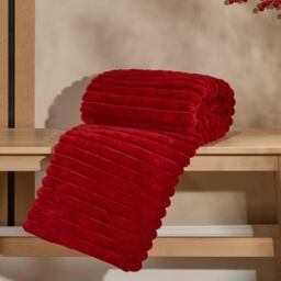 OHS Faux Fur Ribbed Fleece Throw Blanket Winter Warm Supersoft in Red - thumbnail 3