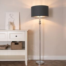 ValueLights Marissa Chrome Stacked Ball Floor Lamp with Fabric Drum with Chrome Inner Shade in Charcoal