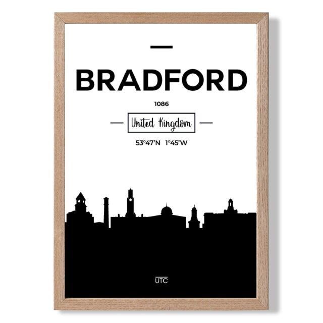 ARTZE Bradford Black & White City Skyline Framed Print SIZE: A4 with Oak Frame - image 1