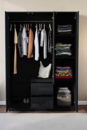 Home Discount Vida Designs Glinton 3 Door 2 Drawer High Gloss Wardrobe Storage Bedroom Furniture in Black - thumbnail 4