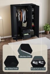 Home Discount Vida Designs Glinton 3 Door 2 Drawer High Gloss Wardrobe Storage Bedroom Furniture in Black - thumbnail 5