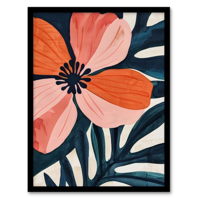 "Artery8 Abstract Flower Bloom Coral Pink Blue Floral Framed Wall Art - Size: W12"" x H16""" - image 1