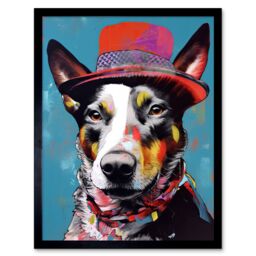 "Artery8 Wall Art Print Australian Kelpie with Red Top Hat Modern Folk Art Framed in Black - Size: W12"" x H16""" - thumbnail 1