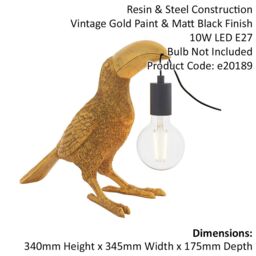 Loops 2 PACK Vintage Gold Toucan Table Light - Resin Figure - Matt Black Lamp Holder - thumbnail 2