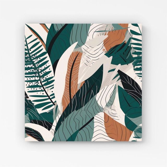 "Warren Reed - Designer Autumn Tropical Leaves Green Brown Canvas - Size: W16"" x H16""" - image 1