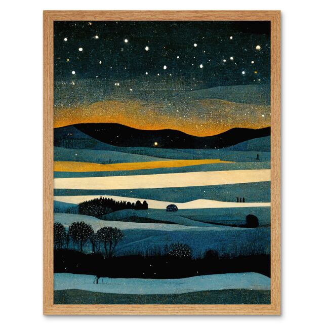 "Artery8 Wall Art Print Star Filled Twilight Landscape Painting Art Framed in Light Oak - Size: W12"" x H16""" - image 1