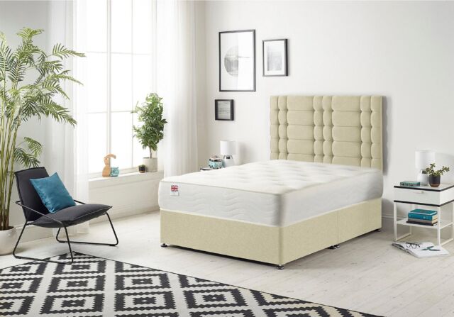 Somnior Bliss Divan Bed with Sprung Memory Foam Mattress & Headboard Linen Fabric in Cream - Size: Small Double - image 1