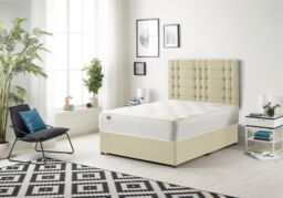 Somnior Bliss Divan Bed with Sprung Memory Foam Mattress & Headboard Linen Fabric in Cream - Size: Small Double