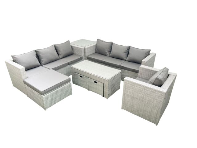 Fimous Wicker PE Rattan Sofa Garden Furniture Set with Oblong Coffee Table Armchair 3 Footstools Side Table Light Grey Mixed - image 1