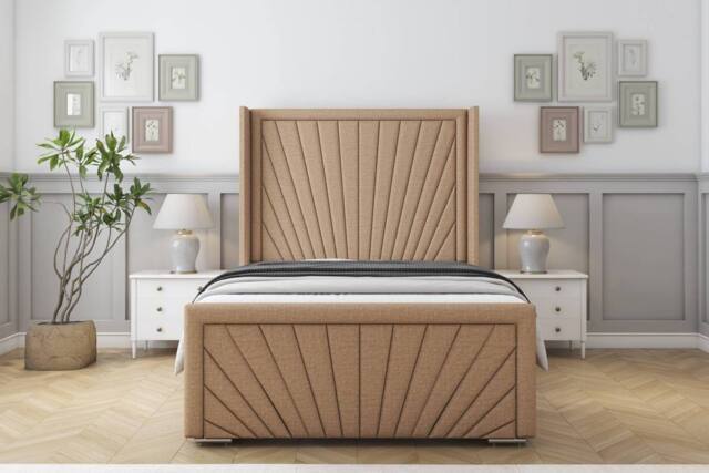 "Sloomy Rutherford Dumfries Frame-Mattress-50"" Upholstered Wingback Headboard in Light Brown - Size: Small Single" - image 1