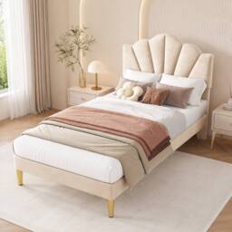 STILVORA Single 3ft Upholstered Bed with Adjustable Headboard in Beige