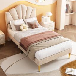 STILVORA Single 3ft Upholstered Bed with Adjustable Headboard in Beige - thumbnail 2