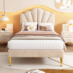STILVORA Single 3ft Upholstered Bed with Adjustable Headboard in Beige - thumbnail 3