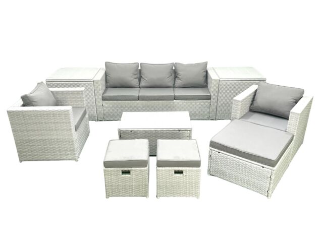 Fimous Rattan Garden Outdoor Furniture Sofa Set with Rectangular Coffee Table 2 Chairs 3 Footstools 2 Side Tables Light Grey Mixed - image 1
