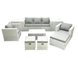 Fimous Rattan Garden Outdoor Furniture Sofa Set with Rectangular Coffee Table 2 Chairs 3 Footstools 2 Side Tables Light Grey Mixed - thumbnail 2