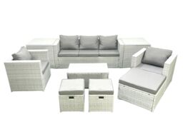 Fimous Rattan Garden Outdoor Furniture Sofa Set with Rectangular Coffee Table 2 Chairs 3 Footstools 2 Side Tables Light Grey Mixed - thumbnail 1