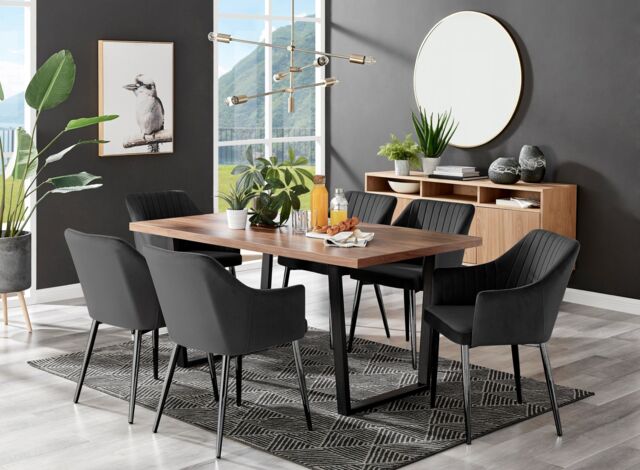 FurnitureboxUK Kylo Large Brown Wood Effect Dining Table & 6 Calla Black Leg Velvet Chairs - image 1