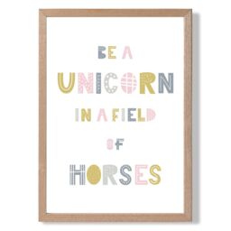 ARTZE Cute Be a Unicorn Pink Scandi Quote Framed Print SIZE: A4 with Oak Frame