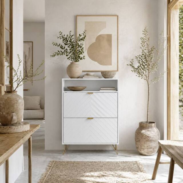 Wyld Haus Notafa White Chevron Shoe Cabinet Gold Accents Holds Up to 12 Pairs - image 1