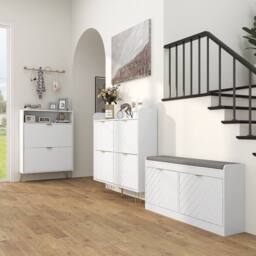 Wyld Haus Notafa White Chevron Shoe Cabinet Gold Accents Holds Up to 12 Pairs - thumbnail 4