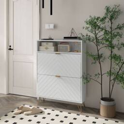 Wyld Haus Notafa White Chevron Shoe Cabinet Gold Accents Holds Up to 12 Pairs - thumbnail 3