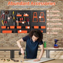 Costway Pegboard Wall Organizer 9-Bin Parts Rack Organizer w/ Hammer Racks in Orange - thumbnail 4