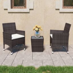Berkfield Home 3 Piece Garden Bistro Set Poly Rattan & Tempered Glass Brown - thumbnail 1