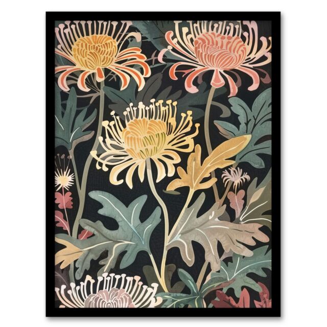 "Artery8 Chrysanthemum Flowers in Bloom Artwork Dark Framed Art Print in Green - Size: W12"" x H16""" - image 1