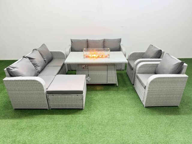 Fimous PE Rattan High Back Lounge Sofa Set Patio Firepit Dining Table & Chairs Set with 3 Seater Sofa Reclining Chair Big Footstool Light Grey - image 1