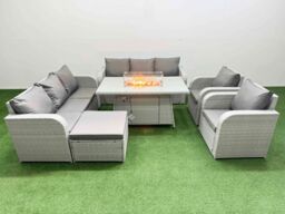 Fimous PE Rattan High Back Lounge Sofa Set Patio Firepit Dining Table & Chairs Set with 3 Seater Sofa Reclining Chair Big Footstool Light Grey - thumbnail 1