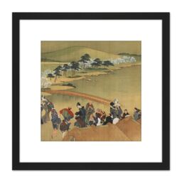 Artery8 Hokusai Cherry Blossom Viewing 8X8 Inch Square Wooden Framed Wall Art Print Picture with Mount in Black - thumbnail 1