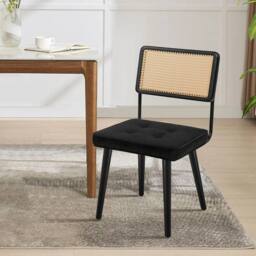 VOGREX Wooden Rattan Dining Chairs Modern Velvet Armless Accent Chair