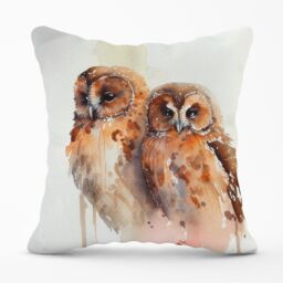 Warren Reed - Designer Loving Tawny Owls Watercolour Outdoor Cushion in Brown - Size: 45 cm x 45 cm - thumbnail 1