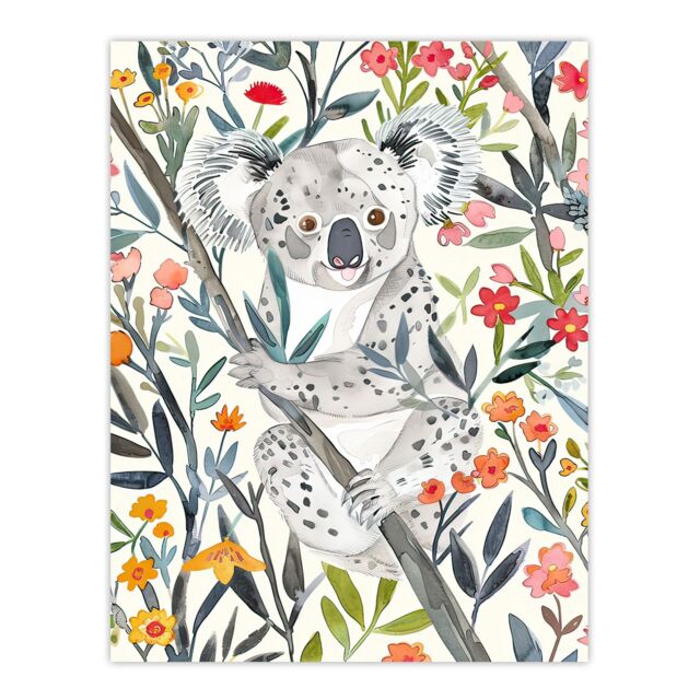 "Artery8 Happy Koala Bear on Blooming Tree Watercolour Wall Art Print - Size: W18"" x H24""" - image 1