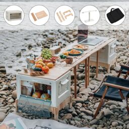 Living and Home Multifunctional Outdoor Foldable Camping Storage Box Expanding Table in Beige - thumbnail 3