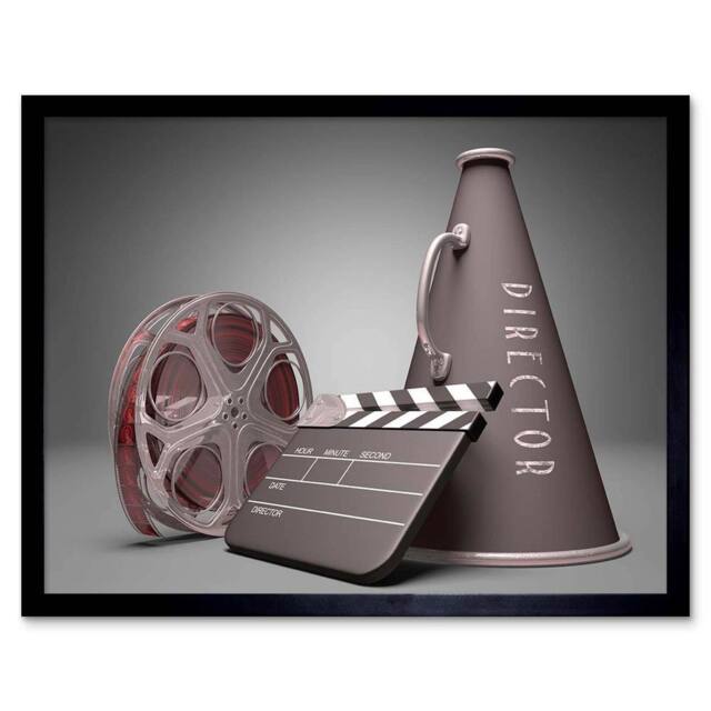 "Artery8 Film Director Equipment Clapperboard Reel Megaphone Framed Art Print in Grey - Size: W12"" x H16""" - image 1