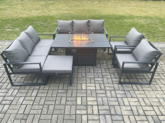 Fimous Aluminium Outdoor Garden Furniture Set Patio Lounge Sofa Gas Fire Pit Dining Table Set with Big Footstool Dark Grey - image 1