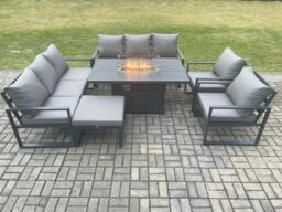 Fimous Aluminium Outdoor Garden Furniture Set Patio Lounge Sofa Gas Fire Pit Dining Table Set with Big Footstool Dark Grey - thumbnail 1