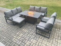 Fimous Aluminium Outdoor Garden Furniture Set Patio Lounge Sofa Gas Fire Pit Dining Table Set with Big Footstool Dark Grey - thumbnail 2