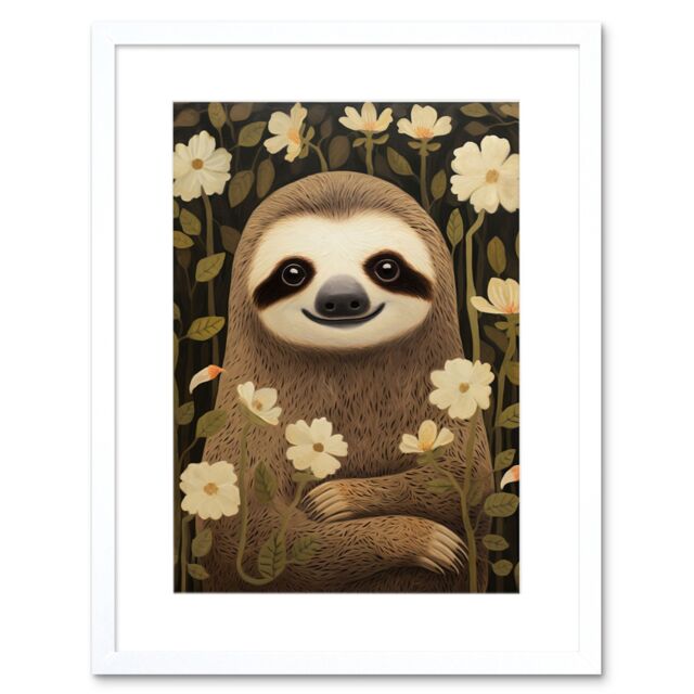 "Artery8 Wall Art Print Sloth with Jasmine & Anemone Flowers Elegant Artwork Framed 9X7 Inch in White - Size: W7"" x H9""" - image 1