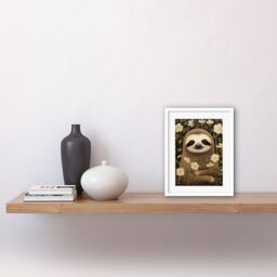 "Artery8 Wall Art Print Sloth with Jasmine & Anemone Flowers Elegant Artwork Framed 9X7 Inch in White - Size: W7"" x H9""" - thumbnail 2