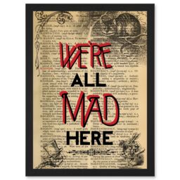 Artery8 Upcycle We're All Mad Here Quote Alice Wonderland Cheshire A4 Artwork Framed Wall Art Print in Black - thumbnail 1