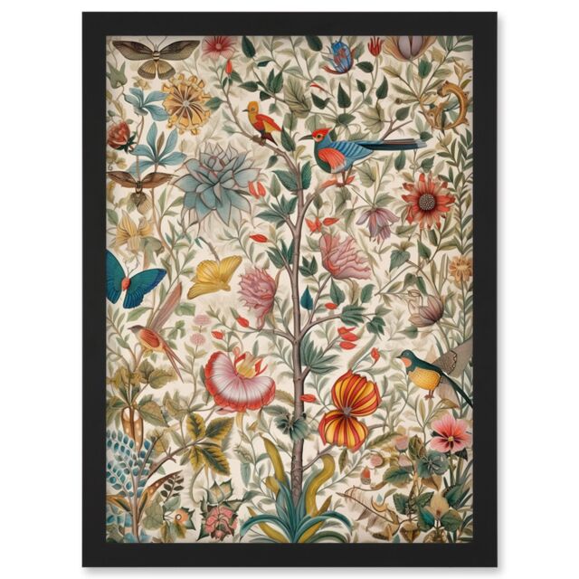 Artery8 Butterflies & Flower Plants Pattern Folk Art Watercolour Painting Artwork Framed Wall Art Print A4 in Black - image 1