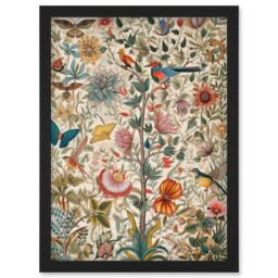 Artery8 Butterflies & Flower Plants Pattern Folk Art Watercolour Painting Artwork Framed Wall Art Print A4 in Black - thumbnail 1