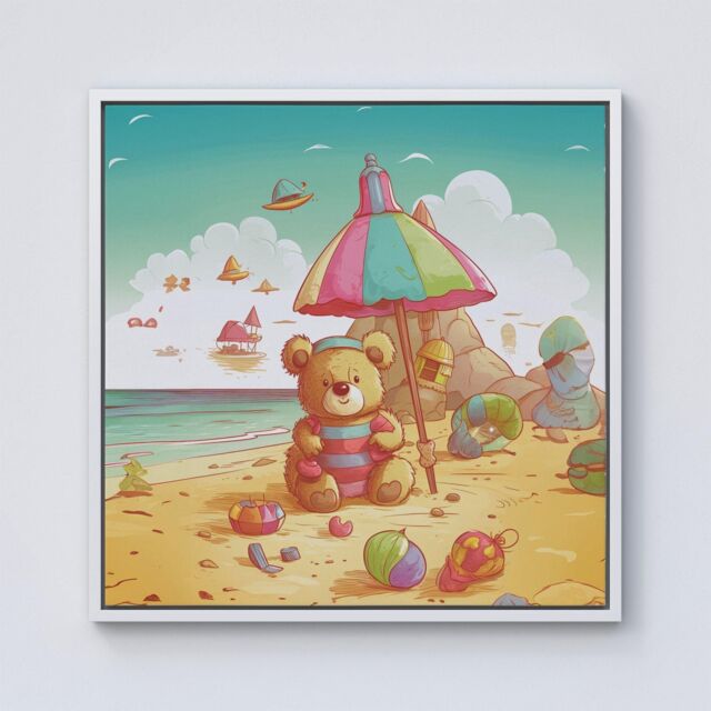 "Warren Reed - Designer Teddy Bead On A Beach Holiday Framed Canvas in Off-White - Size: W30"" x H30""" - image 1