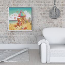 "Warren Reed - Designer Teddy Bead On A Beach Holiday Framed Canvas in Off-White - Size: W30"" x H30""" - thumbnail 2