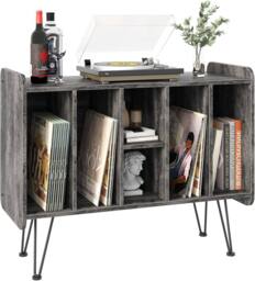 Huhote Record Player Stand Vinyl Turntable Stand With 3 Tier Storage Cabinet in Grey - thumbnail 2